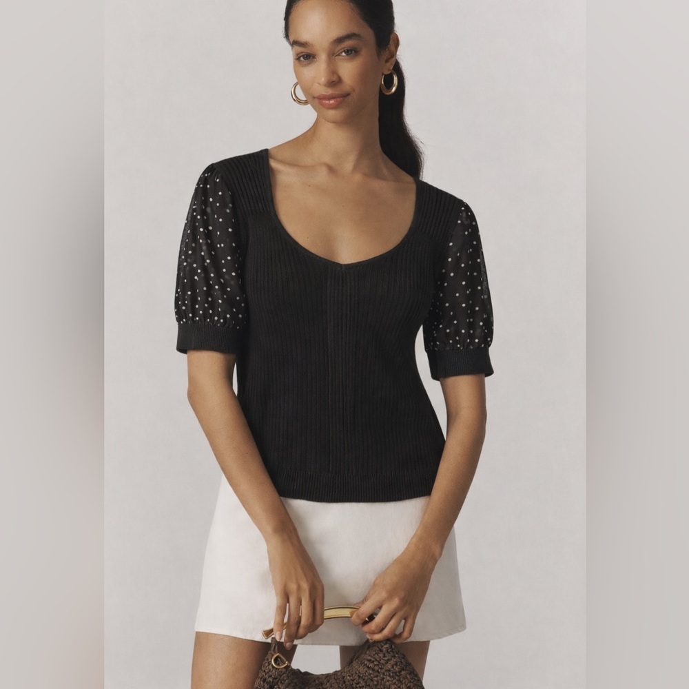 Polka Dot‎ Sheer Sleeves Black Ribbed Knit Top Size Small